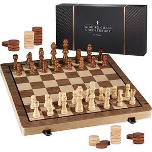 15" Wooden Chess Sets - Chess & Checkers Board Game | with 2 Extra Queens